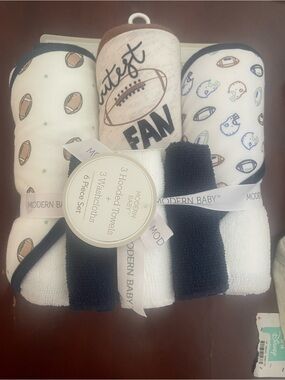 Modern Baby Navy & White Football Hooded Towel and Washcloth Set